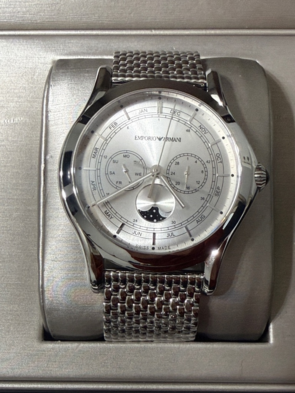 Emporio Armani Silver-tone Mesh Bracelet Moonphase Watch